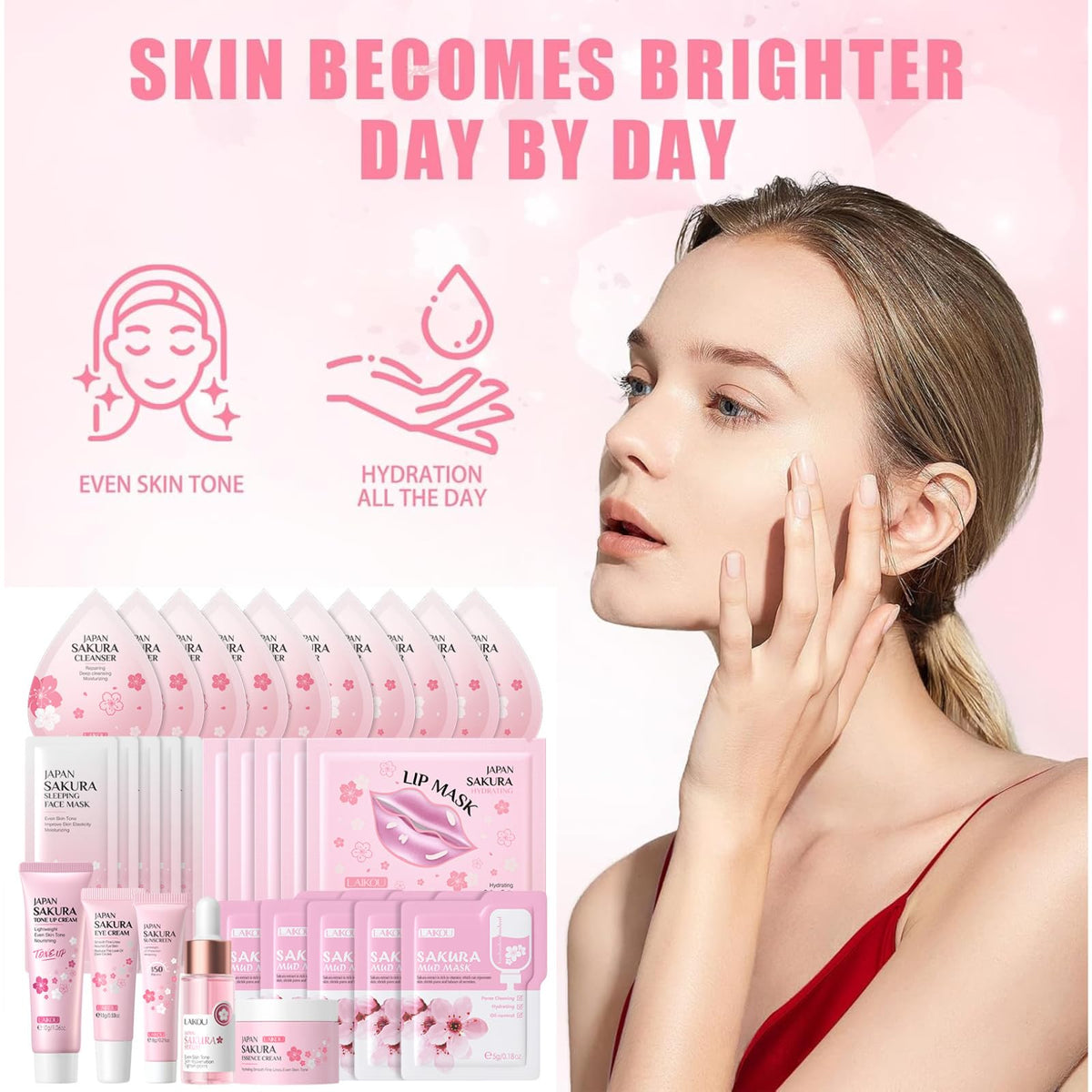 IZBEAUVO Sakura Skincare Set | 30PCS Facial Cleanser Set for Teenage Girls | Pamper Gift Sets with Cream, Serum, Toner, Eye Cream, Lip Mask, Mud Mask, Sleep Mask | Japanese Cherry Blossom Skincare Gift Box