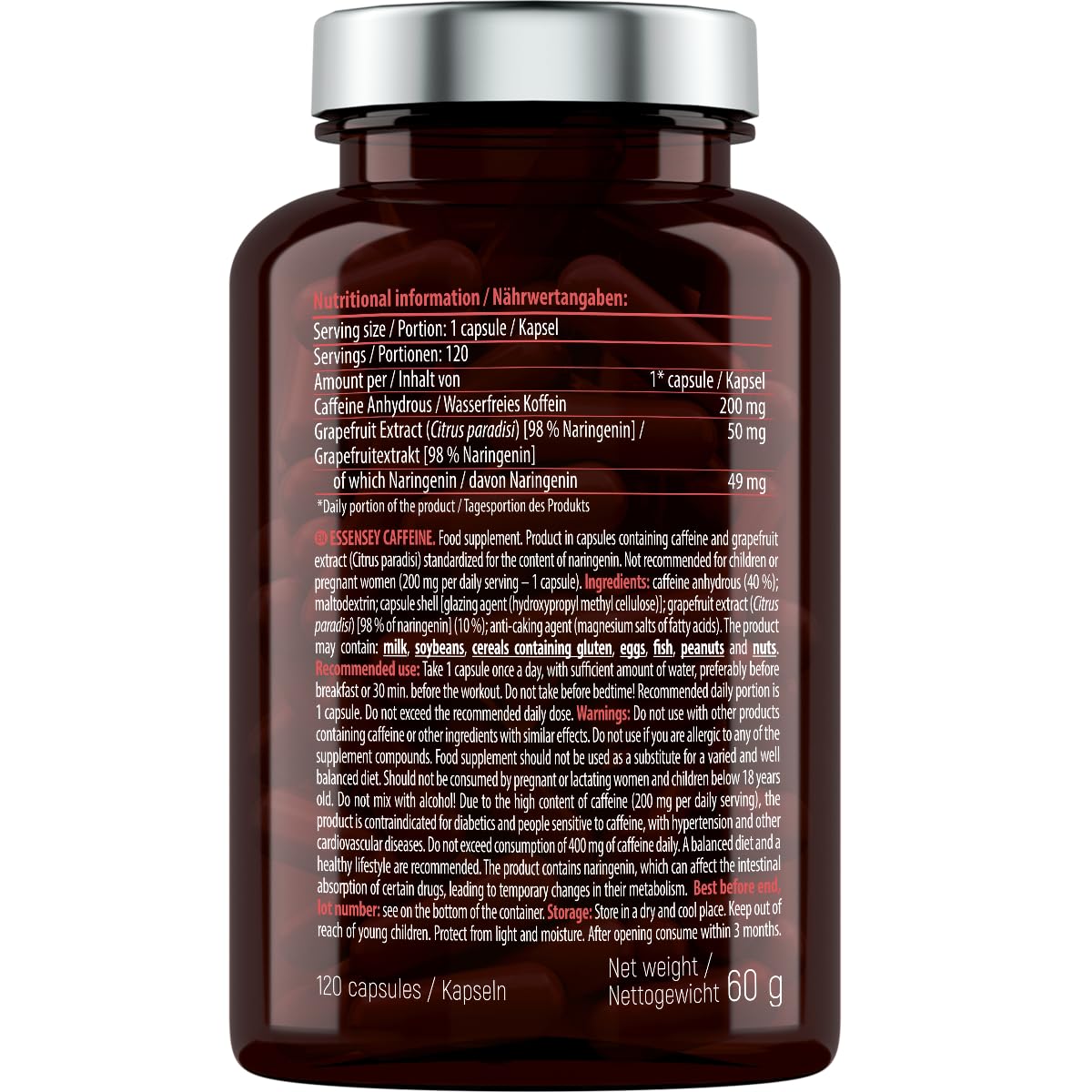 Essensey Caffeine 200mg Capsules - High Dose of Caffeine - Added Grapefruit Extract 50mg - Energise Your Day with a Natural Boost of Physical and Mental Performance - Dietary Supplement - 120 capsules