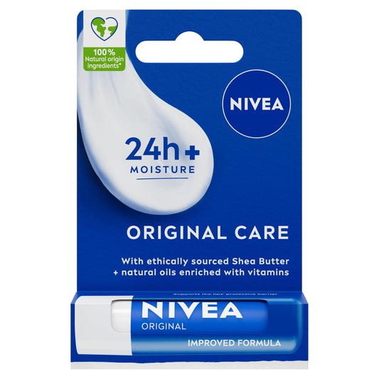 NIVEA Lip Balm Original Care (4.8g) Lip Balm Deeply Hydrates Lips for 24h+, with 100% Natural Origin Ingredients, Shea Butter, and Vitamins, Lip Care