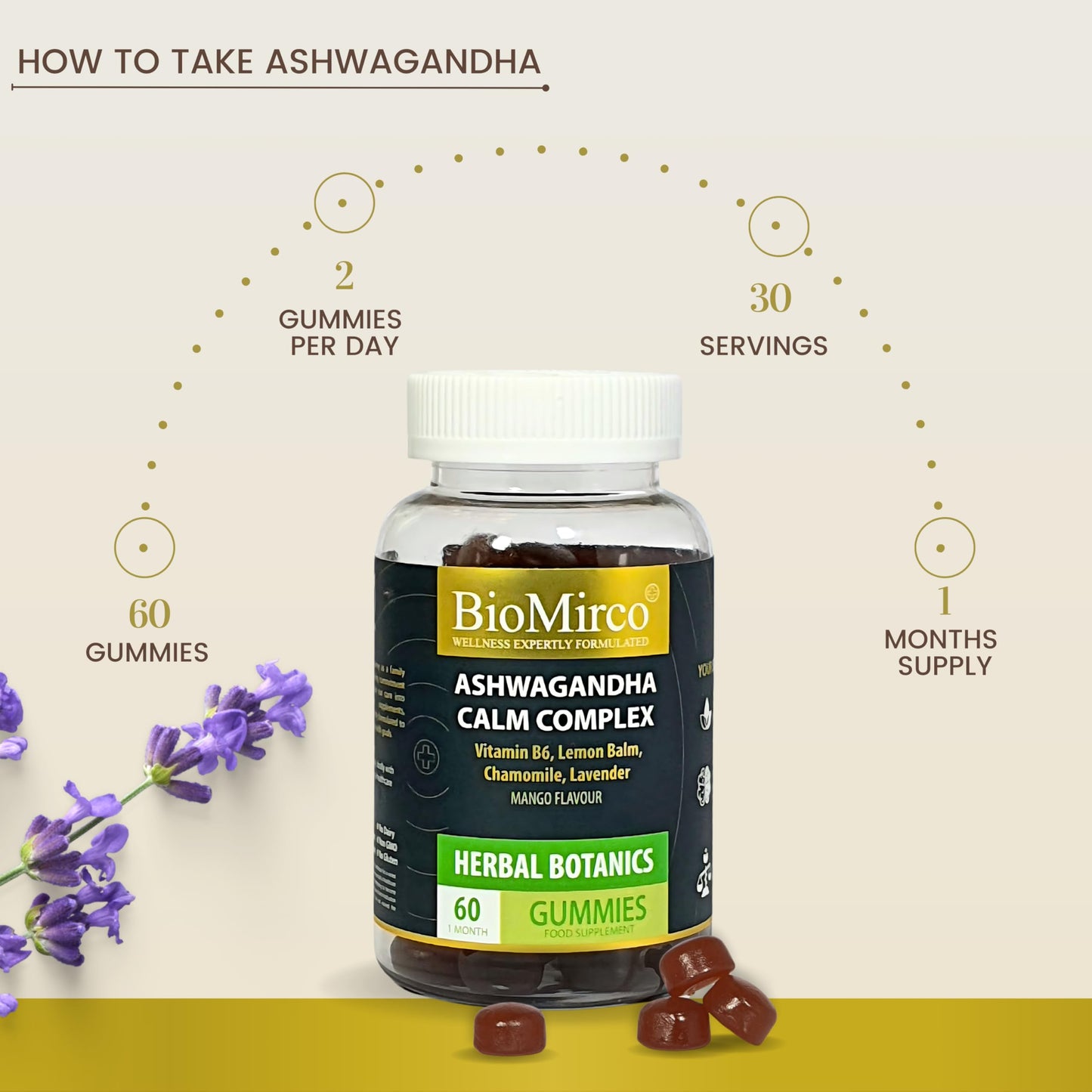 Ashwagandha Calm Complex, 60 Gummies – 1 Month Supply, Mango Flavour and Great Tasting, Natural Harmony Gummies for Stress Relief, Emotional Balance and Mood Support, Vegan & Gluten-Free