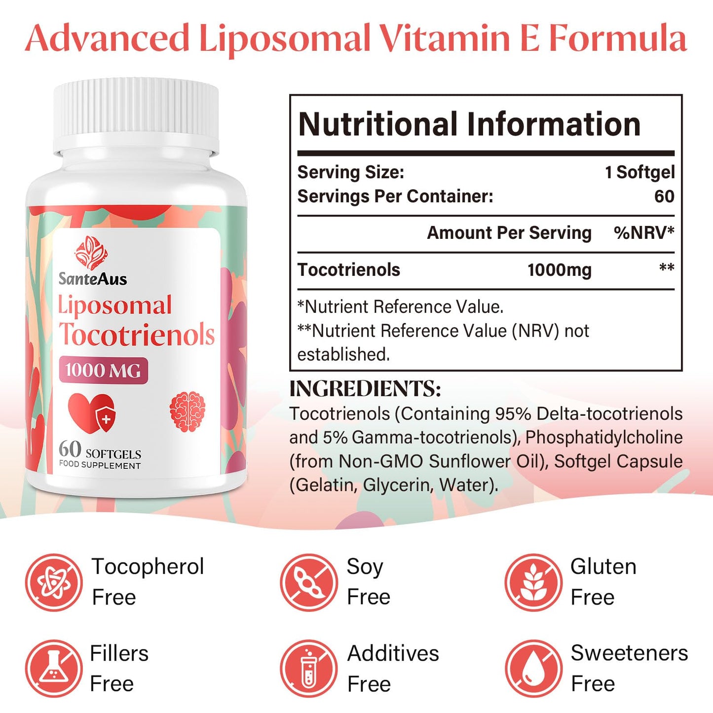 SanteAus Liposomal Tocotrienols Supplement 1000mg, Vitamin E, High Bioavailability, 95% Delta & 5% Gamma Tocotrienol Capsules, for Immune, Bone, Skin, and Antioxidant Support, No Fillers, No Soy