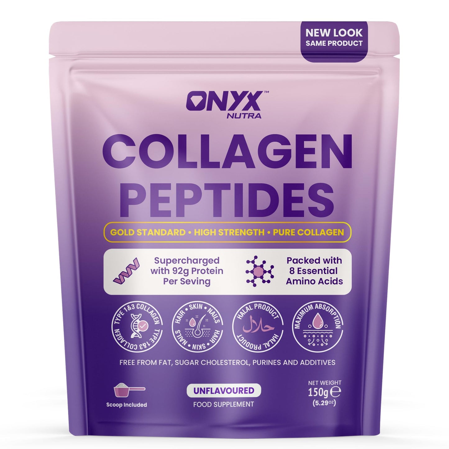 ONYX INGREDIENTS 101 Premium Collagen Powder (Type I, III) Hydrolysed Bovine Collagen Peptides Powder - Halal Certified - 19 Amino Acids - High Levels of All 8 Essential Amino Acids & BCAAs - 150g