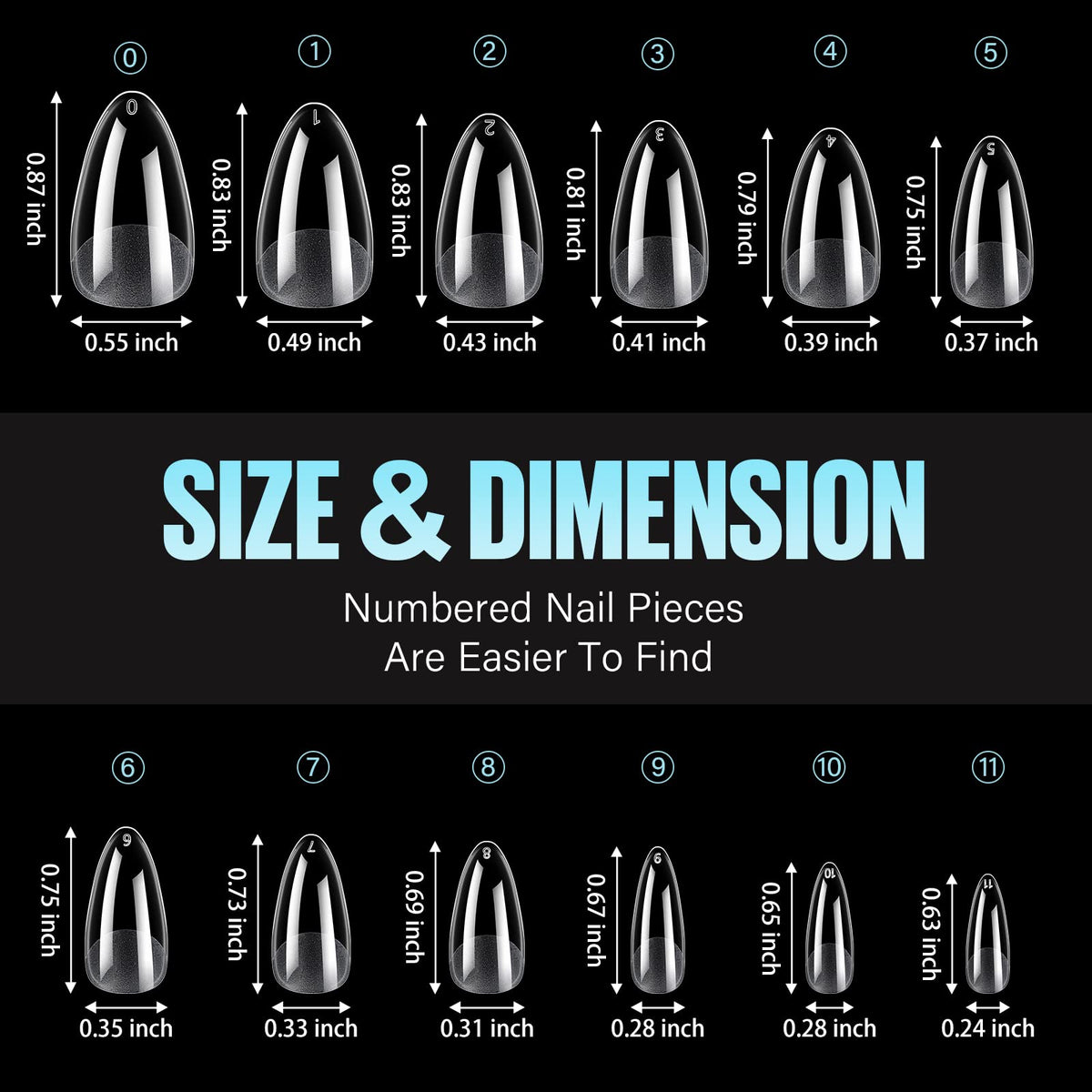 TOMICCA Medium Almond Nail Tips, 360PCS Clear Half Matte Full Cover for Extensions, Pre-Buff No File Traceless for Nail Art Salon and Home DIY, 12 Sizes