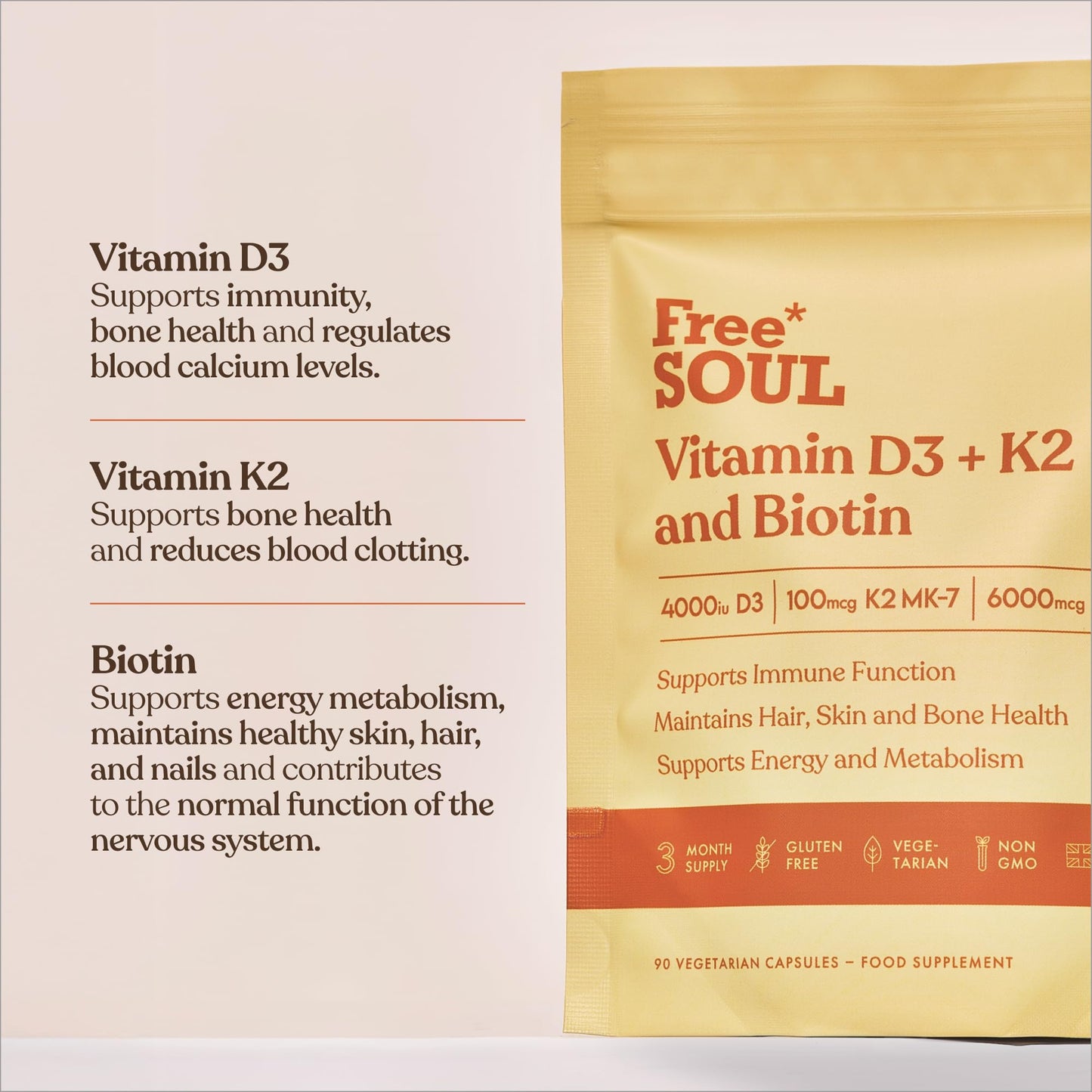Vitamin D3 + K2 and Biotin, 3 in 1 Complex | High Strength D3 4000IU, K2 MK-7 & Biotin 6000mcg | Immunity, Heart, Hair, Skin, Nails, Support | UK Made | Lab-Tested | 90 Capsules | Free Soul