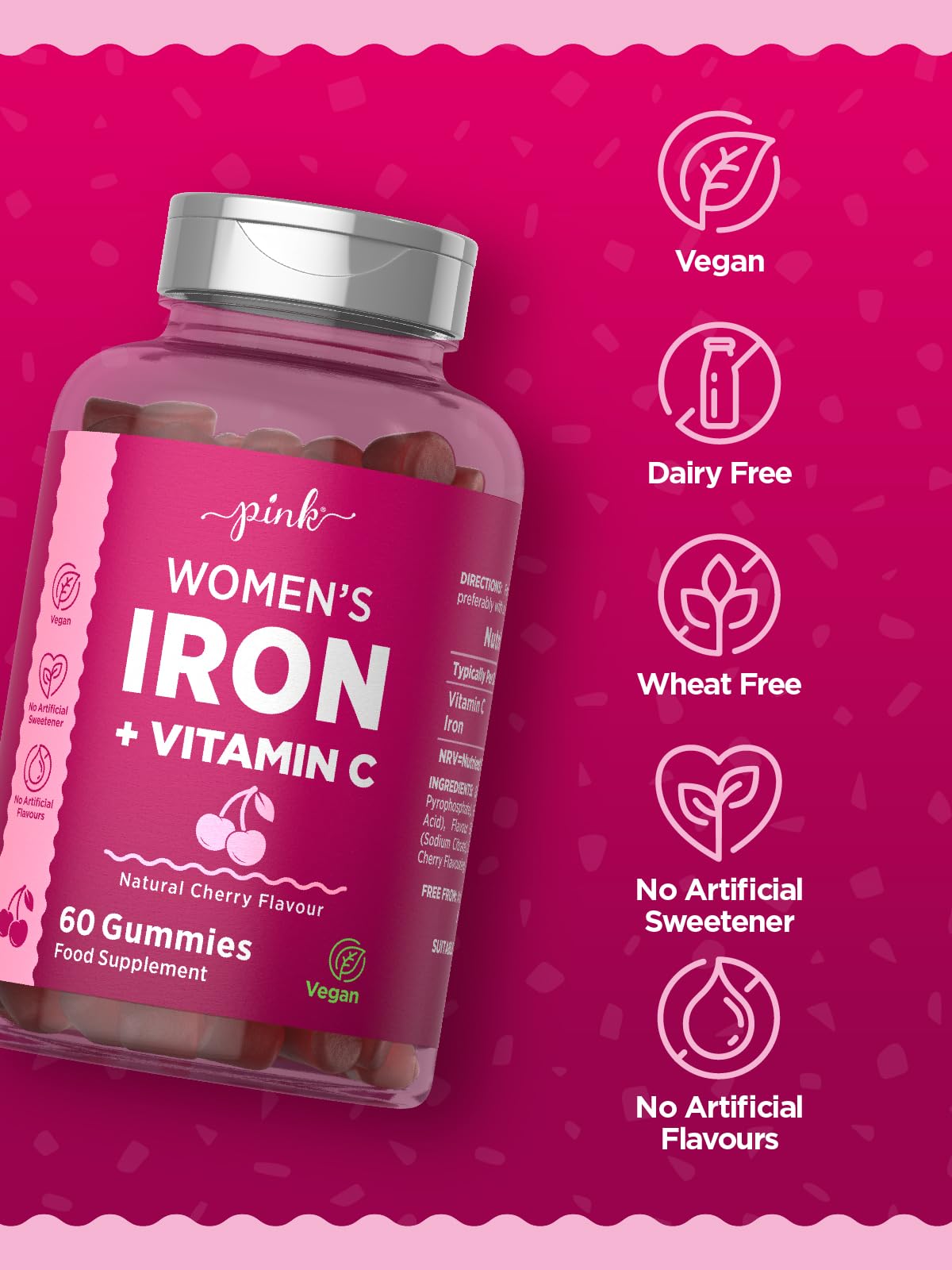 Iron Gummies for Women | Iron Supplement with Vitamin C | High Strength 14mg Iron | Natural Cherry Flavour | Vegan, No Artificial Sweetner & Flavours | 60 Gummies | PINK