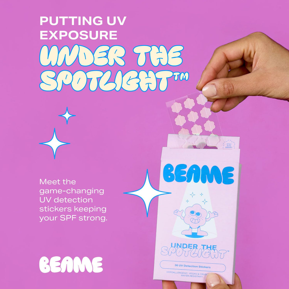BEAME Under The Spotlight™ UV Skin Detection Stickers - Smart UV Sensing Stickers That Show When To Reapply - Water-Resistant & UV Protection Stickers - Skin-Safe, Vegan & Cruelty-Free - 36-pack, 12mm