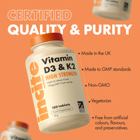Incite Nutrition Vitamin D3 K2 (MK7) 100ug - 6 Month’s Supply - High Strength 180 Tablets - Premium Vegetarian Tablets - Suitable for Vegetarian - Vitamin D3, 4000iu & K2 - Made in UK