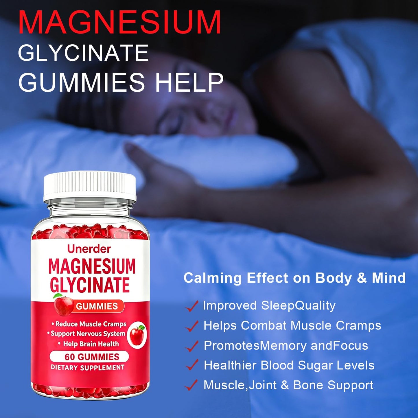 Unerder Magnesium Glycinate Gummies - 400mg High Absorption Formula for Sleep, Stress Relief & Muscle Health - Apple Flavor, 30 Days Supply for Adults,Non-GMO