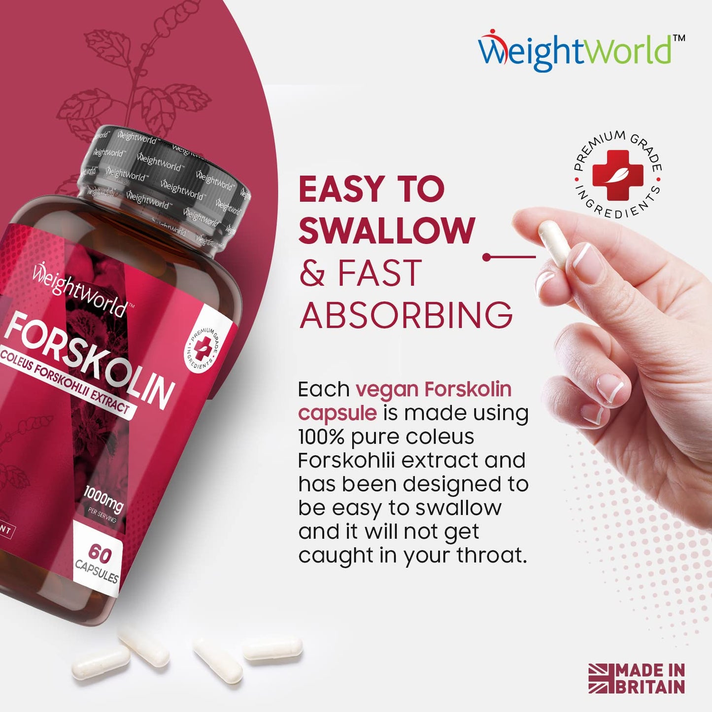 WeightWorld Forskolin Capsules 1000mg - 60 Vegan Capsules - Coleus Forskohlii Extract - Keto & Low Carb Diet Friendly Supplement for Men & Women - Allergen & GMO-Free