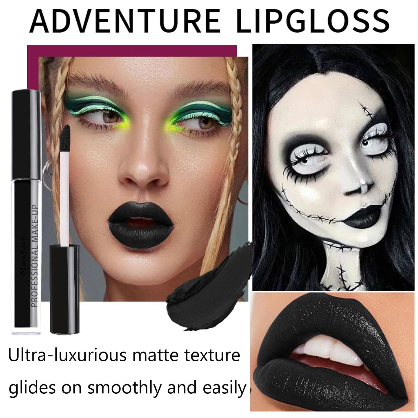 GEEWHILE Black Lipsticks for Women Long Lasting Black Liquid Lipstick, Waterproof Matte Liquid Lipstick Highly Pigmented Black Matte Lipstick Moisturised Black Lip Gloss for Halloween Cosplay
