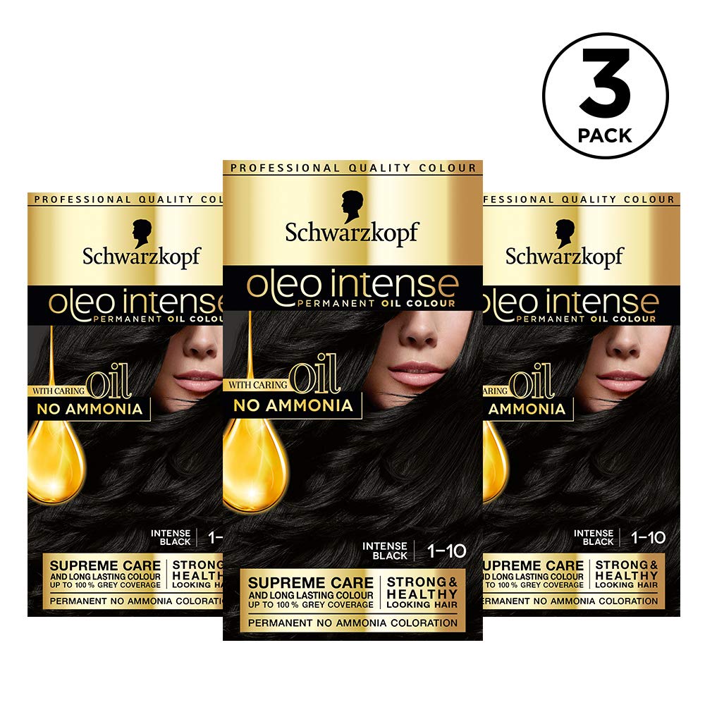 Schwarzkopf Oleo Intense Black Hair Dye, 3-Pack Permanent Oil Colour, No Ammonia, Covers Greys, Black 1-10