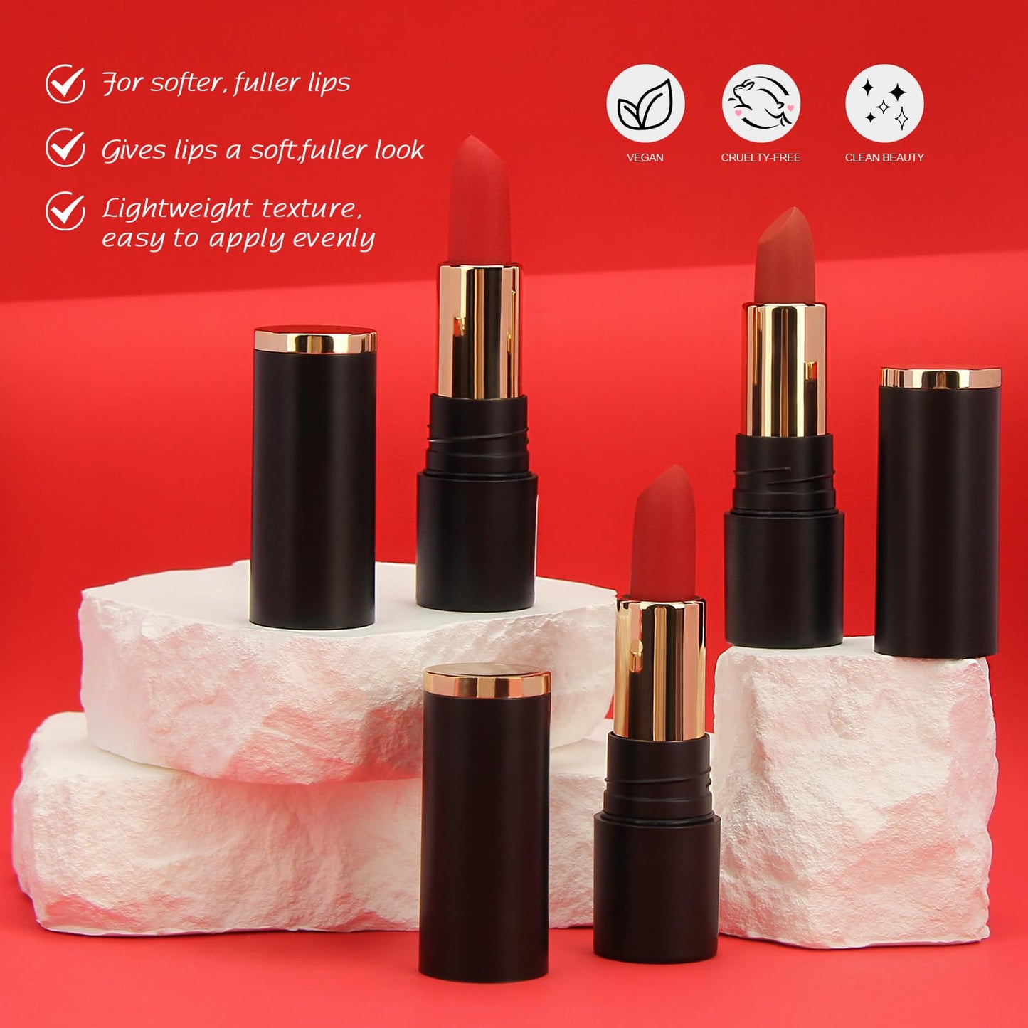 Anglicolor 4PCS Red Lipstick, Matte Lipstick, 24 Hour Lipstick, Waterproof, High Coverage, Rich and Radiant Colour, Vegan & Cruelty-Free (4PCS, 15.2g)