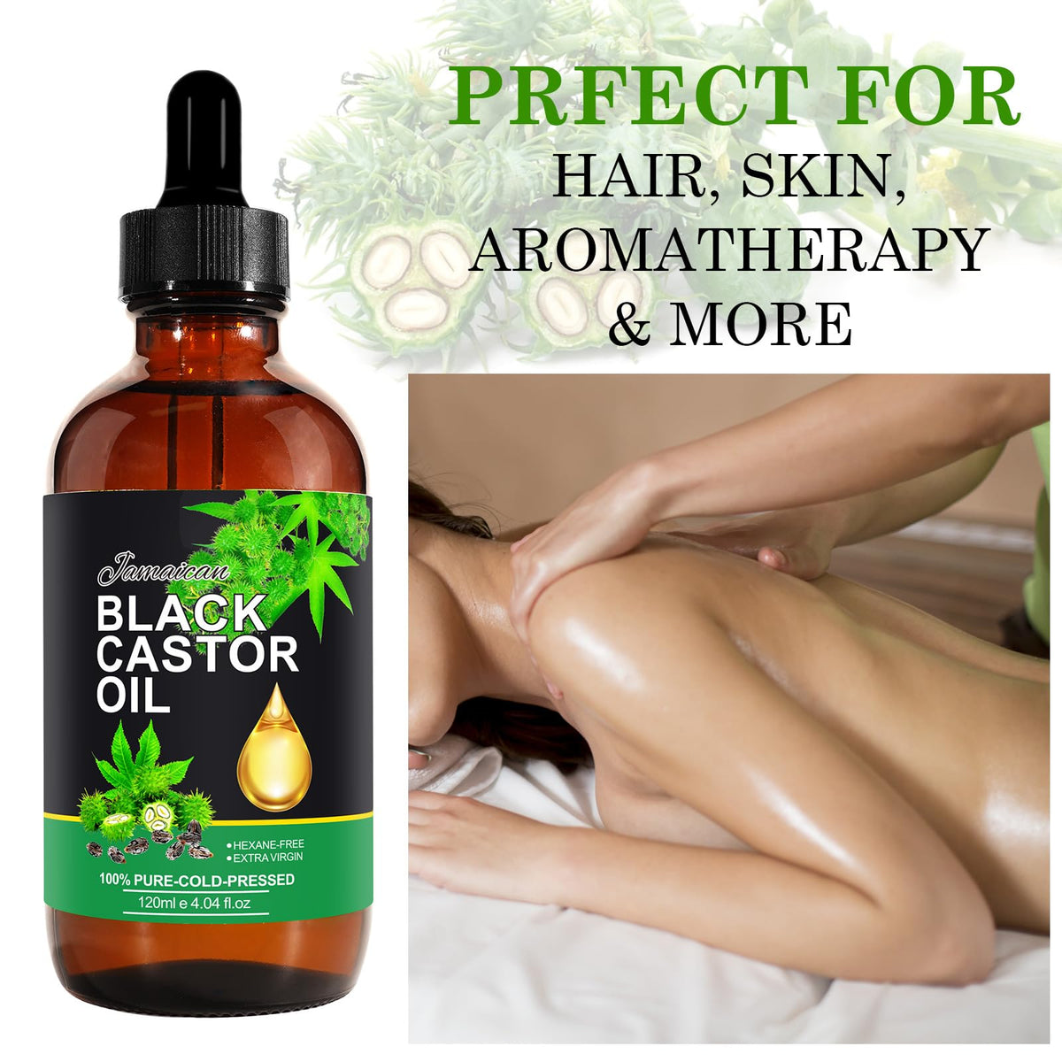 PIUSEQEW Jamaican Black Castor Oil, Organic Castor Oil 100% Pure Cold Pressed Body Massage Black Castor Oil Essential Oils for Body Face & Skin, Eyebrows Growth, Hair Nourishing, Skin Moisturizer, 120ml