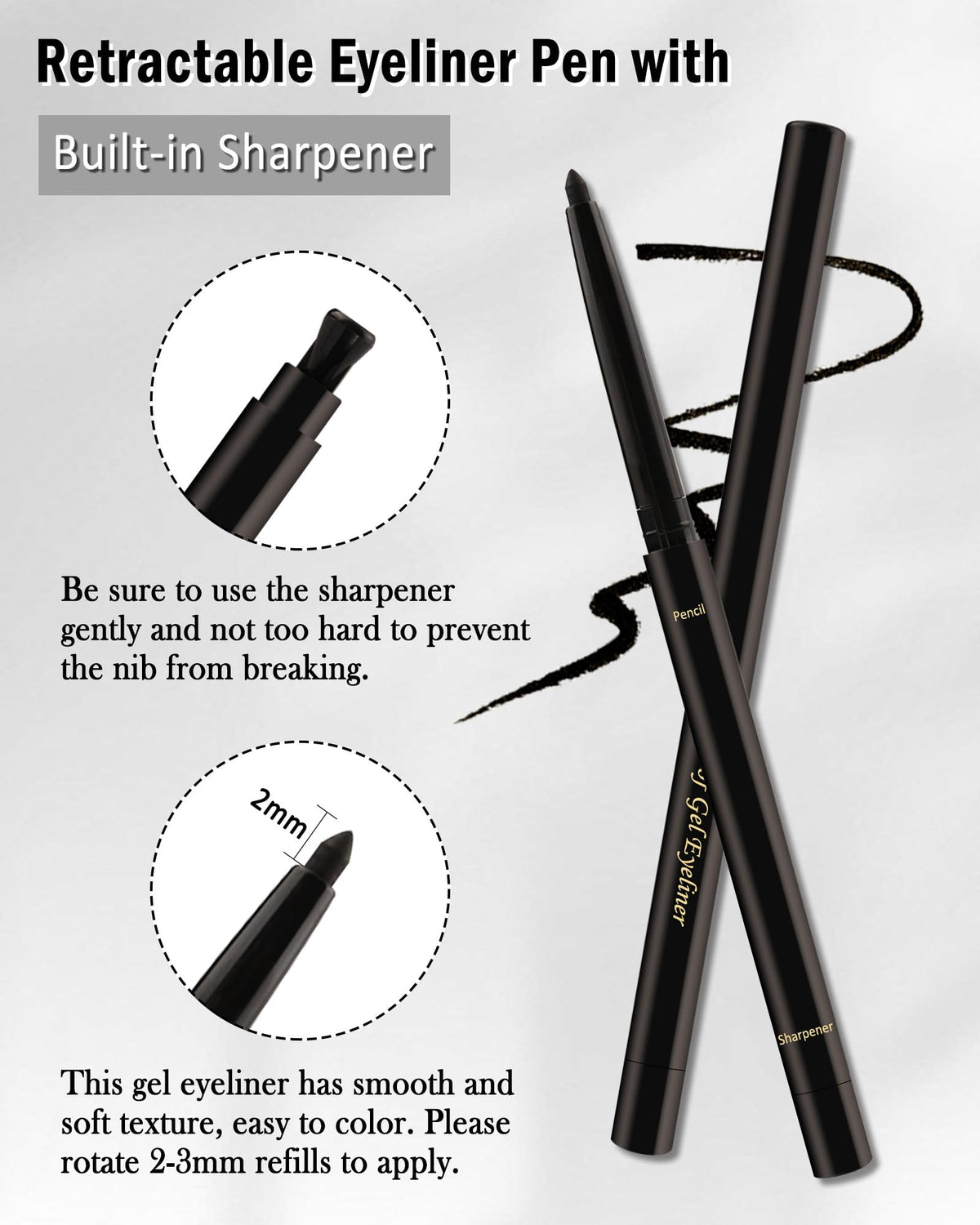 Lestpola Black+Brown Gel Eyeliner for Older Women, Waterproof Smudge-Proof Retractable Eye Liner Pencil, Long Wear 24H, Matte Smooth Eyeliner Waterline with Sharpener for Mature Women Sensitive Eyes-2Pcs