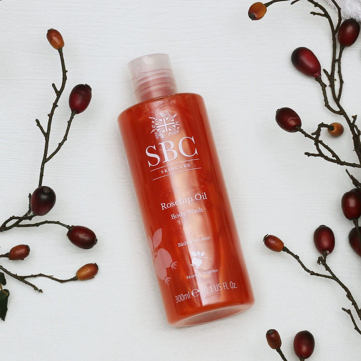 SBC Skincare Rosehip Oil Body Wash 300ml, Anti-Ageing Bath and Shower Body Wash with Rosehip Oil and Vitamins A, C and E, Delicate Scent