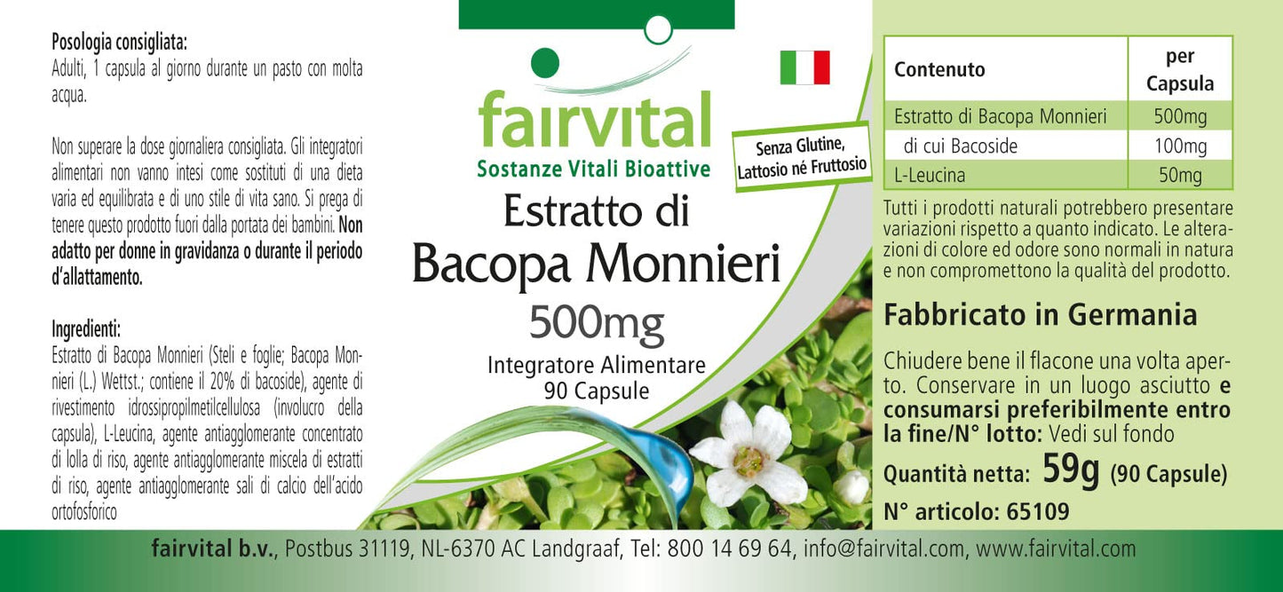 fairvital Fairvital | Bacopa Monnieri Extract 500mg, Brahmi, Vegan, Without Magnesium Stearate, 90 bacopa Capsules