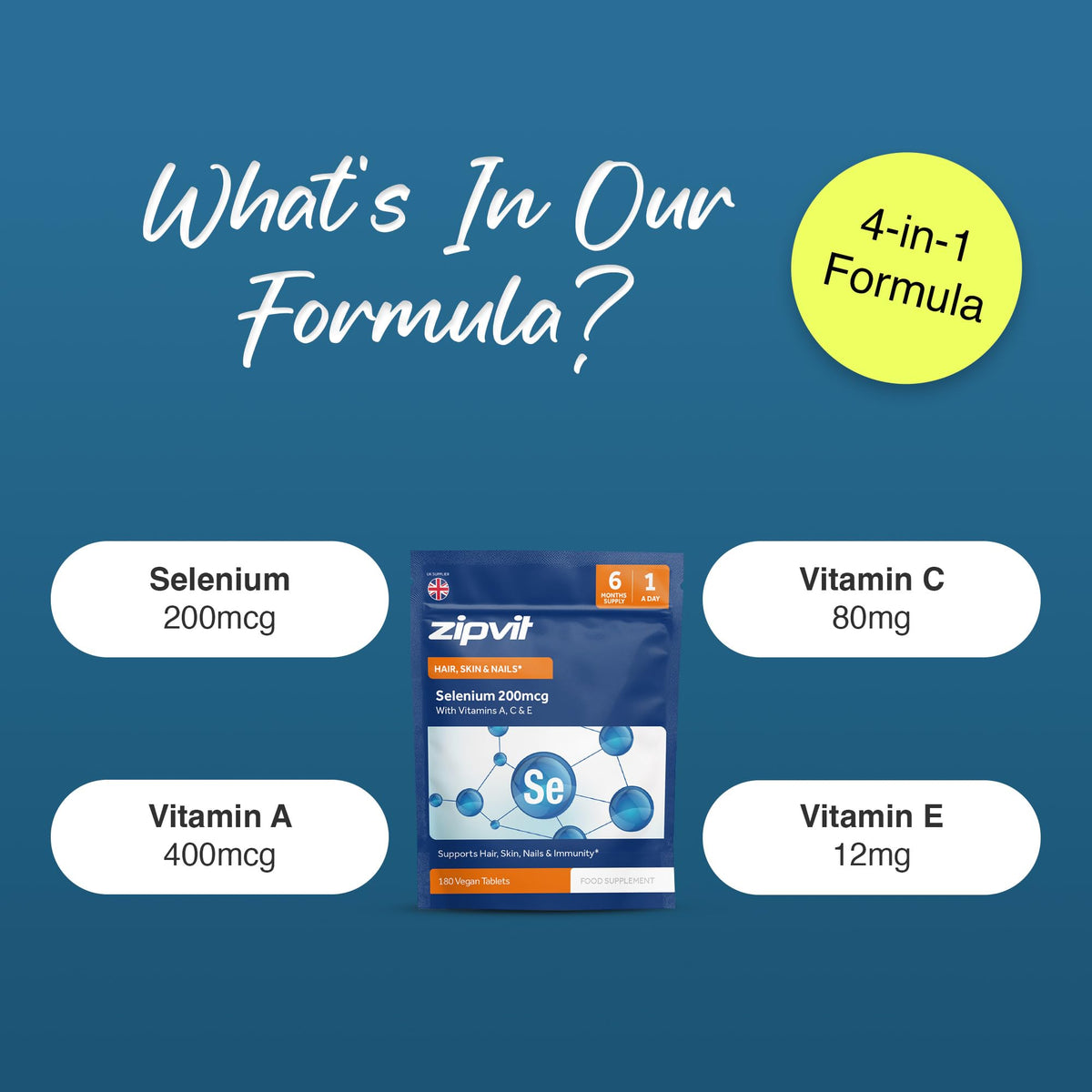 Zipvit Selenium 200mcg with Vitamins A, C, E Pouch. 180 Vegan Tablets. Supports Normal Thyroid, Skin, Hair & Nails, Immune System, and Antioxidant Protection. 6 Month Supply. UK Supplier.