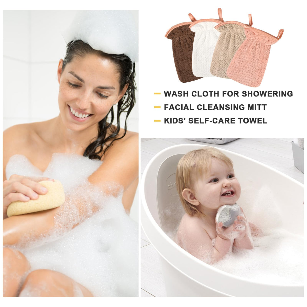 PHOGARY Microfiber Wash Mitt for Body & Face, Super Soft Absorbent Washcloth, Coral Fleece Face Cloth Bath Mitts for Child Adult, Washable Makeup Remover Cleansing Cloths,4 Pack,13x20cm