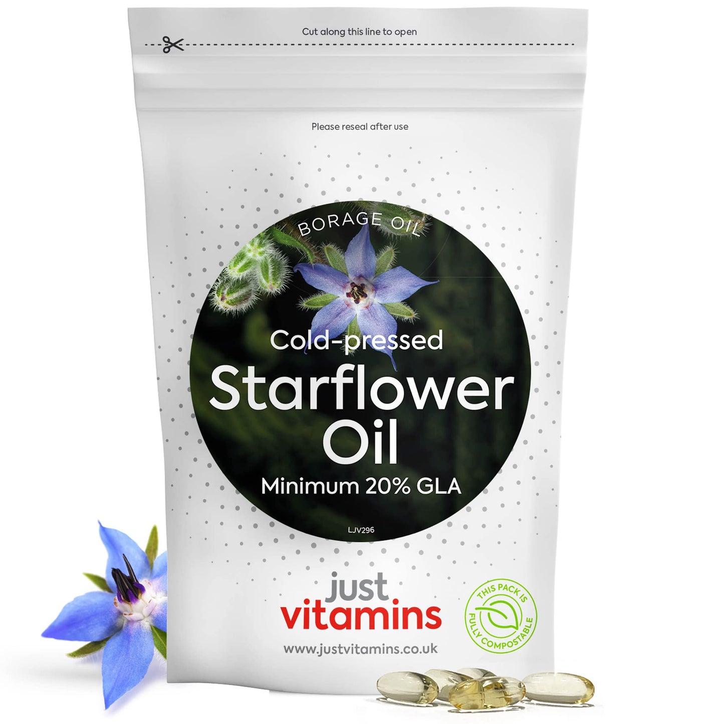 Just Vitamins Starflower Oil Capsules 1000mg/Borage Oil x90 Soft Gels, Cold Pressed High Strength GLA with Vitamin E - 3 Month Supply - x2 The GLA Level of Evening Primrose Oil Capsules - UK Made Supplements