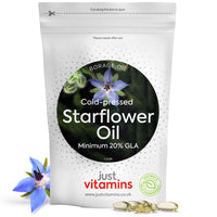 Just Vitamins Starflower Oil Capsules 1000mg/Borage Oil x90 Soft Gels, Cold Pressed High Strength GLA with Vitamin E - 3 Month Supply - x2 The GLA Level of Evening Primrose Oil Capsules - UK Made Supplements