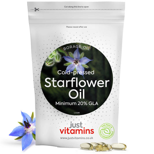Just Vitamins Starflower Oil Capsules 1000mg/Borage Oil x90 Soft Gels, Cold Pressed High Strength GLA with Vitamin E - 3 Month Supply - x2 The GLA Level of Evening Primrose Oil Capsules - UK Made Supplements