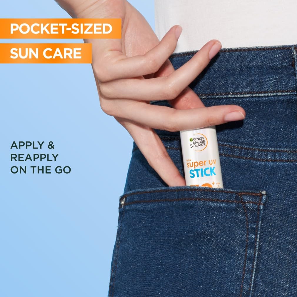 Garnier Ambre Solaire Sunscreen Super UV Stick SPF50+, Protect From UV Damages With Up To 8Hour Hydration, With Shea Butter And Vitamin E, Invisible Finish Non-Greasy, 9ML
