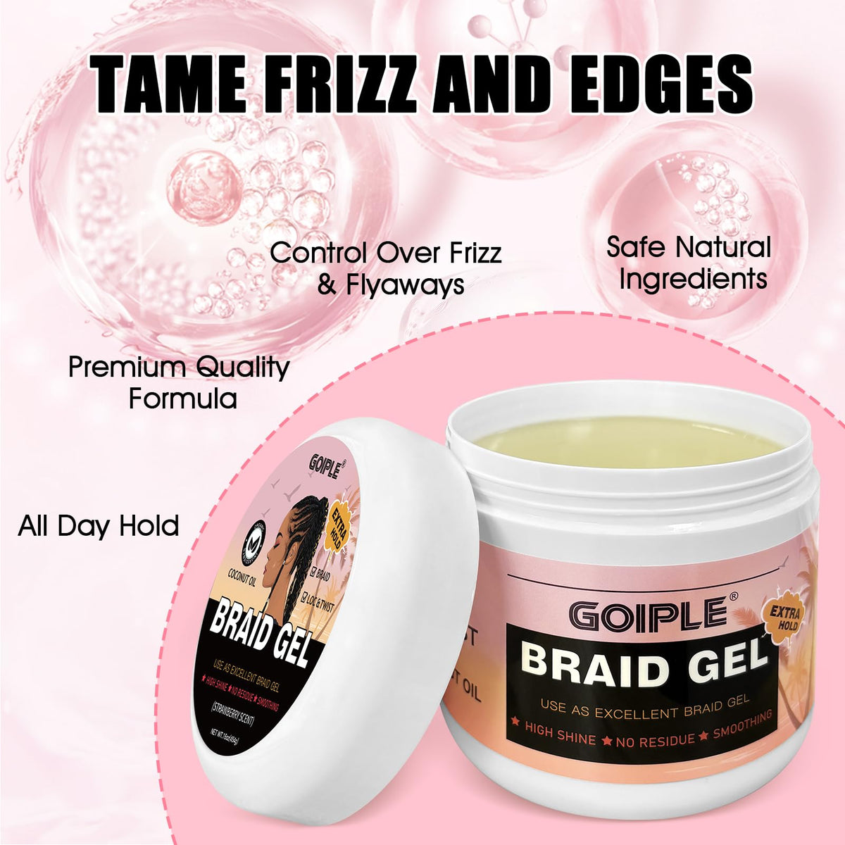 WOZUTUNT Large Capacity Family Pack Smoothing Braiding Gel for Twist, Locs, Braids, Edge Control, Cornrows - Strong Hold, No Flake, Anti-Frizz, Easy to Use Hair Gel Women (16 OZ Strawberry Flavor)