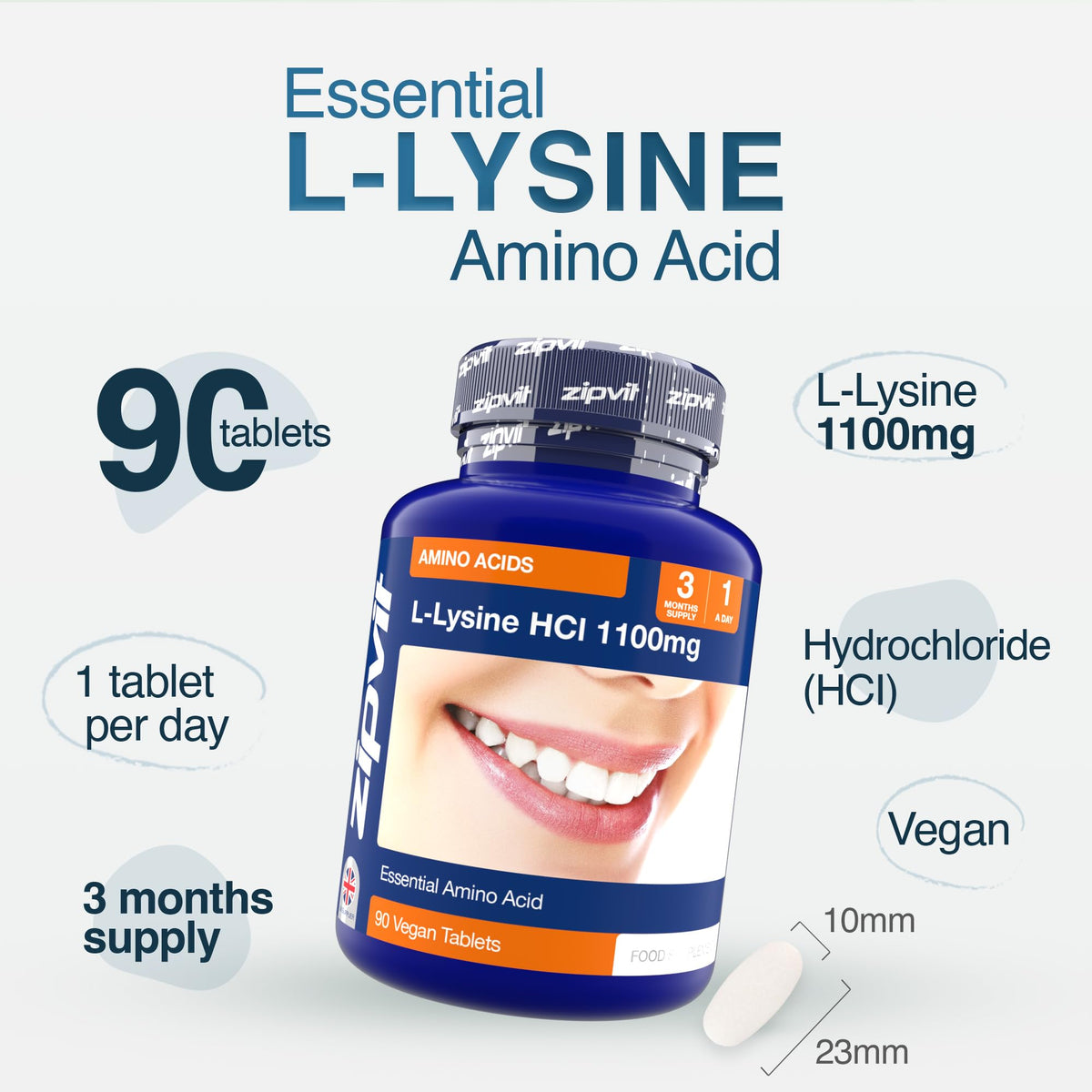 Zipvit L Lysine 1100mg, 90 Vegan Lysine Tablets, High Strength Essential Amino Acid Supplement, 3 Month Supply for Daily Wellness Support