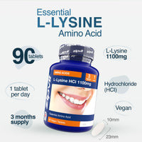 Zipvit L Lysine 1100mg, 90 Vegan Lysine Tablets, High Strength Essential Amino Acid Supplement, 3 Month Supply for Daily Wellness Support
