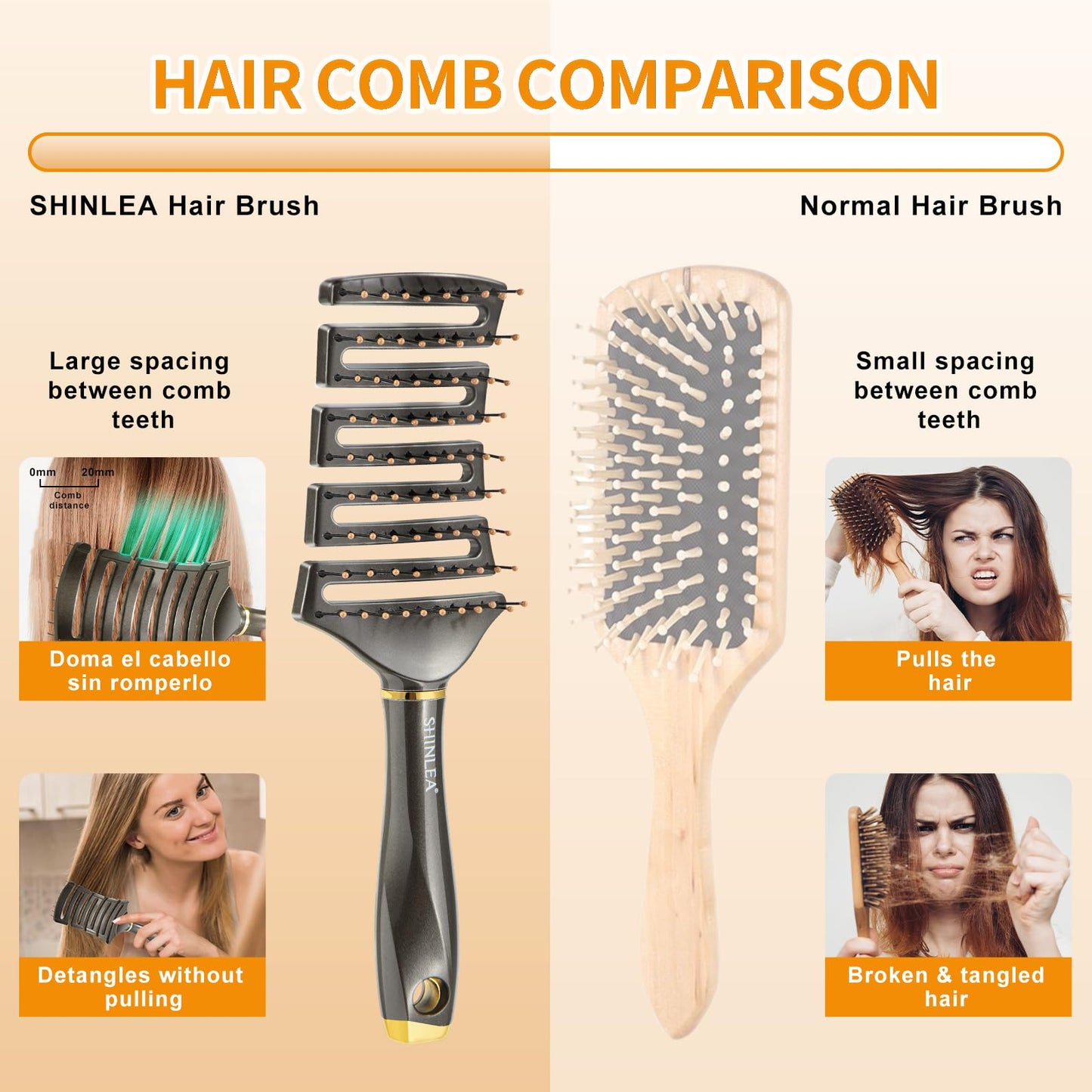 SHINLEA Detangling Hair Brush, Wet Brush Detangler for Women, Men & Kids, Anti-Tangle Vented Paddle Brushes for Wet, Dry, Straight & Curly Extension Hair, Unique Fishbone Design, Styling Tool