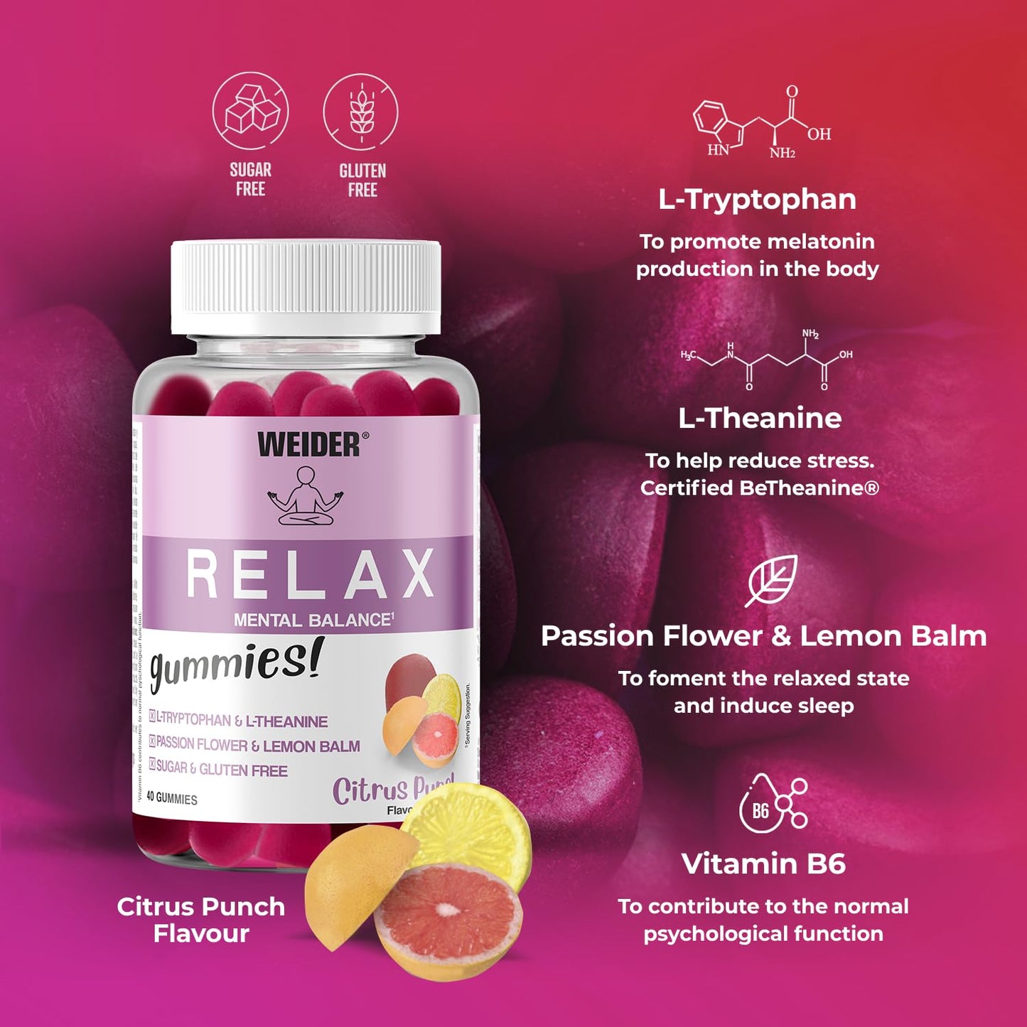 Weider Relax Gummies (40 Gums) Citrus Punch Flavour. Gummies with L-Theanine, L-Tryptophan, Passionflower and Lemon Balm extracts, Vitamin B6. Facilitates Relaxation. No Added Sugars, Gluten-Free.