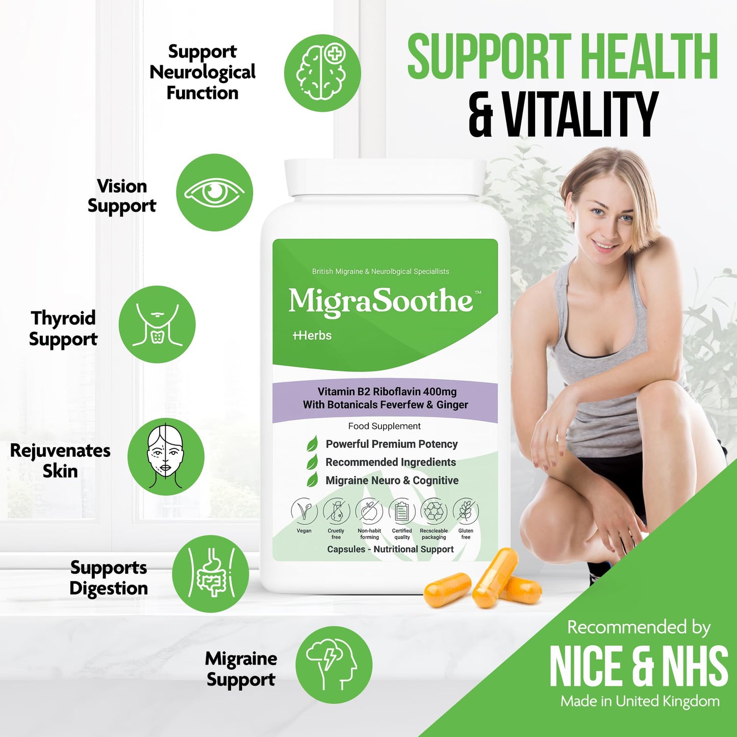 Bespoke Biotics Migraine Relief Feverfew + Ginger + Vitamin B2 Riboflavin 400mg per Capsule - Migrasoothe + Herbs NHS Recommended Ingredients UK Made Stress, Headaches Tremors & Energy Vegan. Vitamin B2 400 [60]
