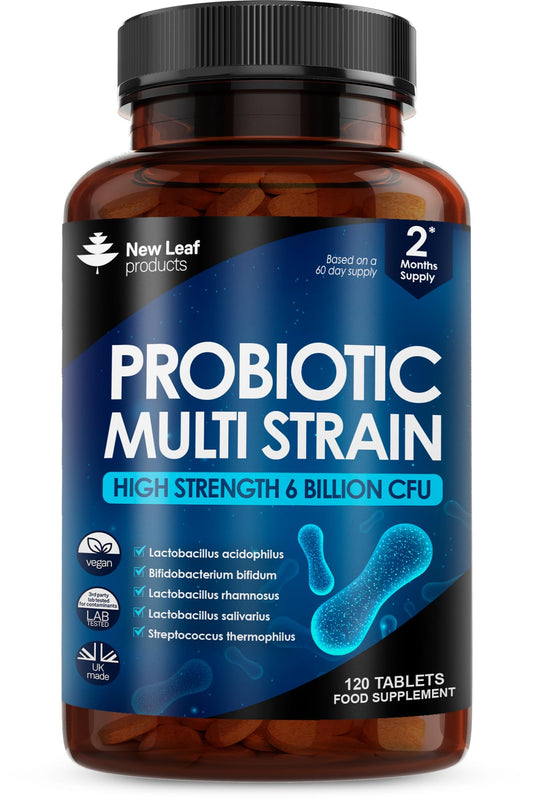 NEW LEAF PRODUCTS Probiotics for Daily Gut Health - Multi Strain Probiotic Supplements - Acidophilus Tablets High Strength - Digestive & Gut Health Supplements Lactobacillus - Vegan, GMO-Free, Gluten-Free, UK Made