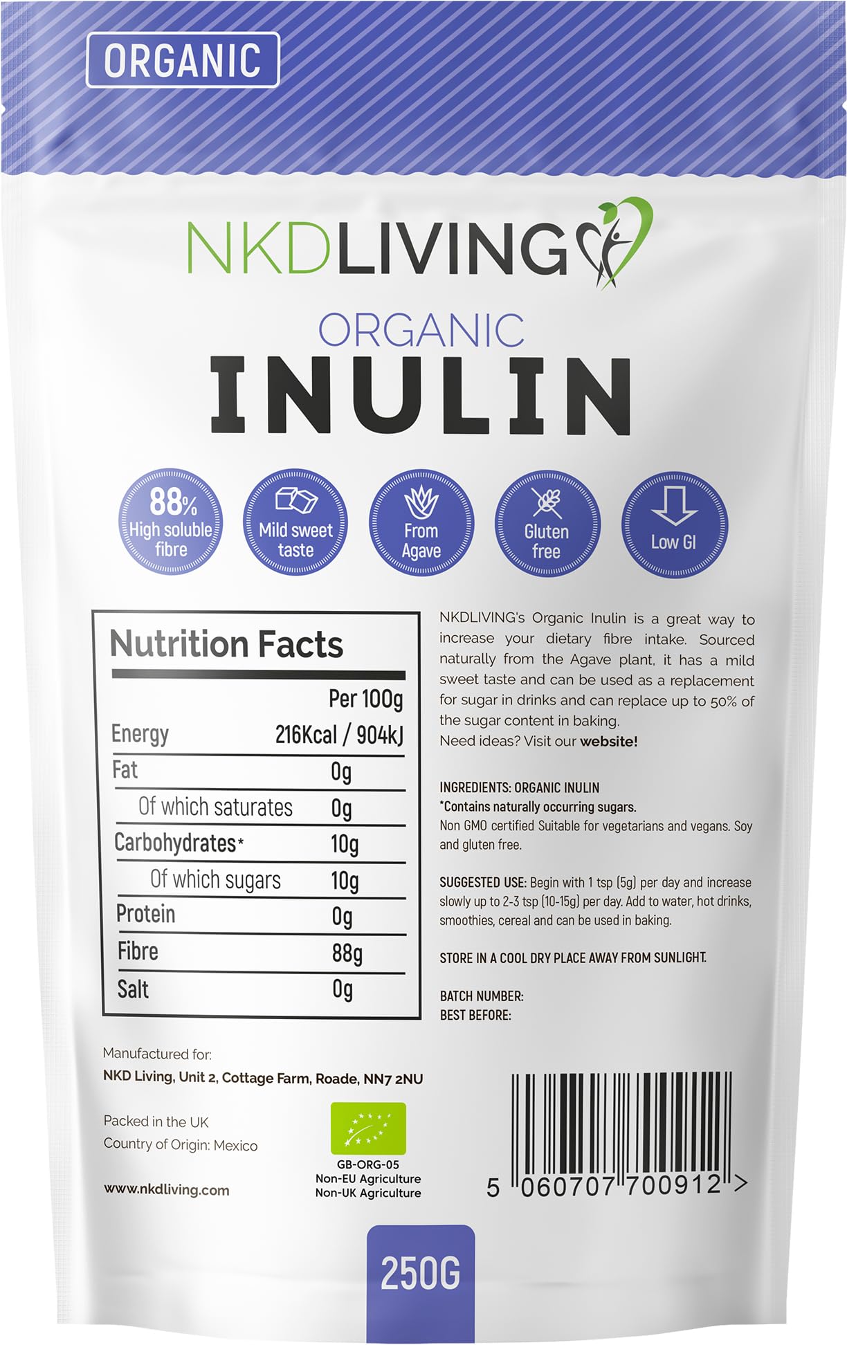 NKD Living Organic Inulin High Grade Prebiotic Fibre Powder (250g) - Fibre Prebiotic Supplement