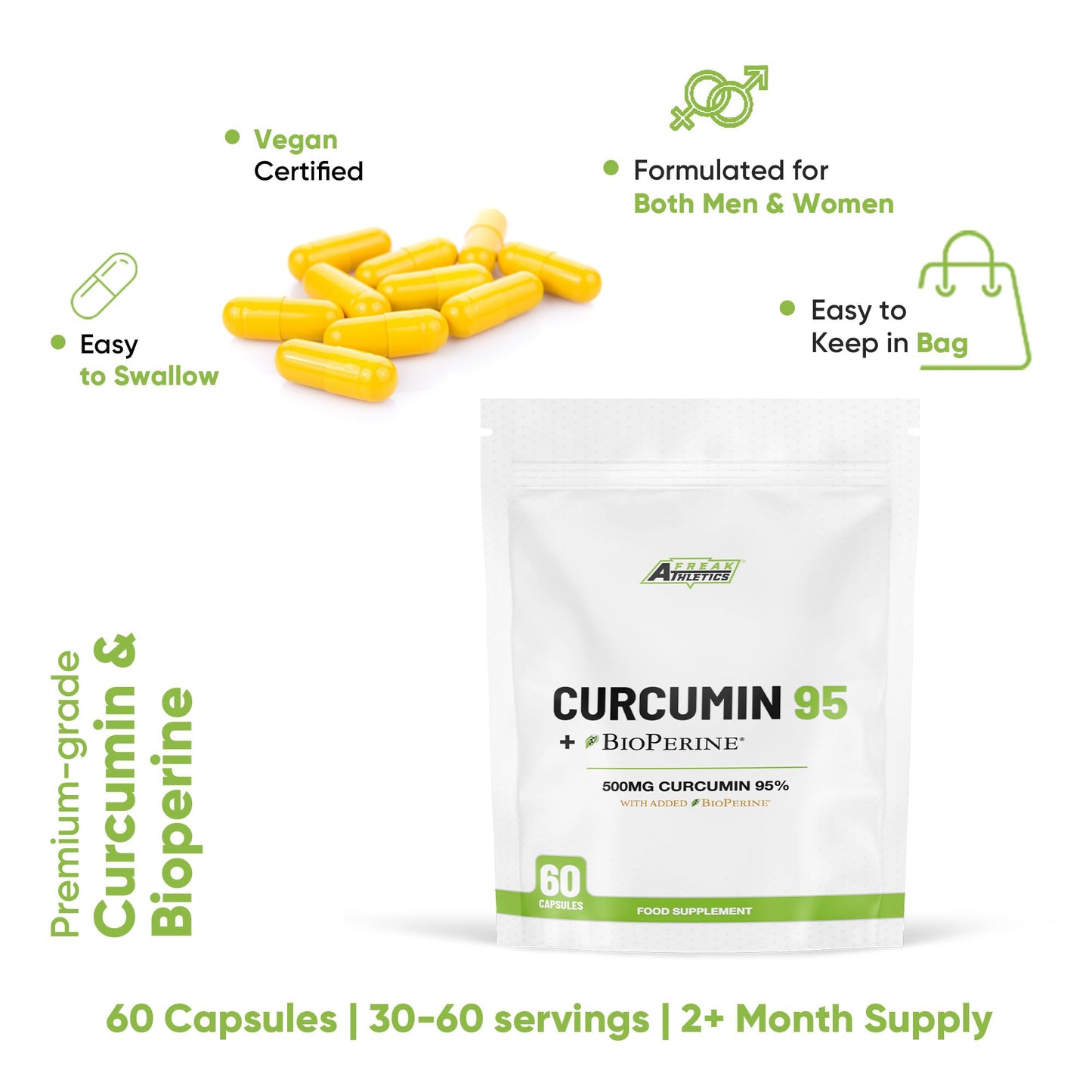 Freak Athletics Curcumin 95 + Bioperine® 60 Turmeric Curcumin Capsules High Strength with Black Pepper - Curcumin 95% & Black Pepper - Turmeric Curcumin UK Made…