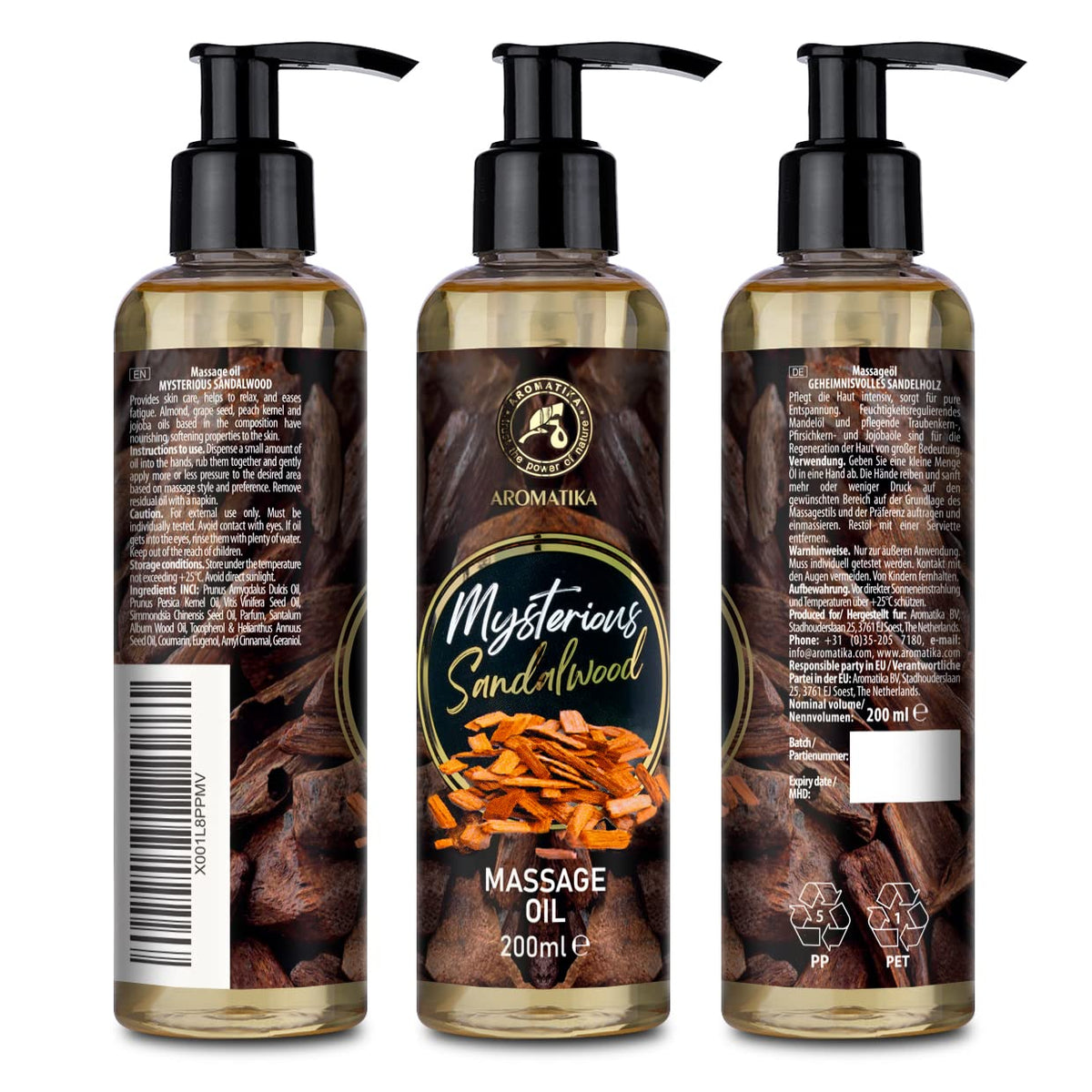 AROMATIKA trust the power of nature Massage Oil Sandalwood - Nurturing Body Oil for Partner Massages | 200 ml Pump Bottle | - Most Trusted Natural Cosmetic Body Oil with Aroma - for Massaging and Enjoying | in Tested SPA Quality