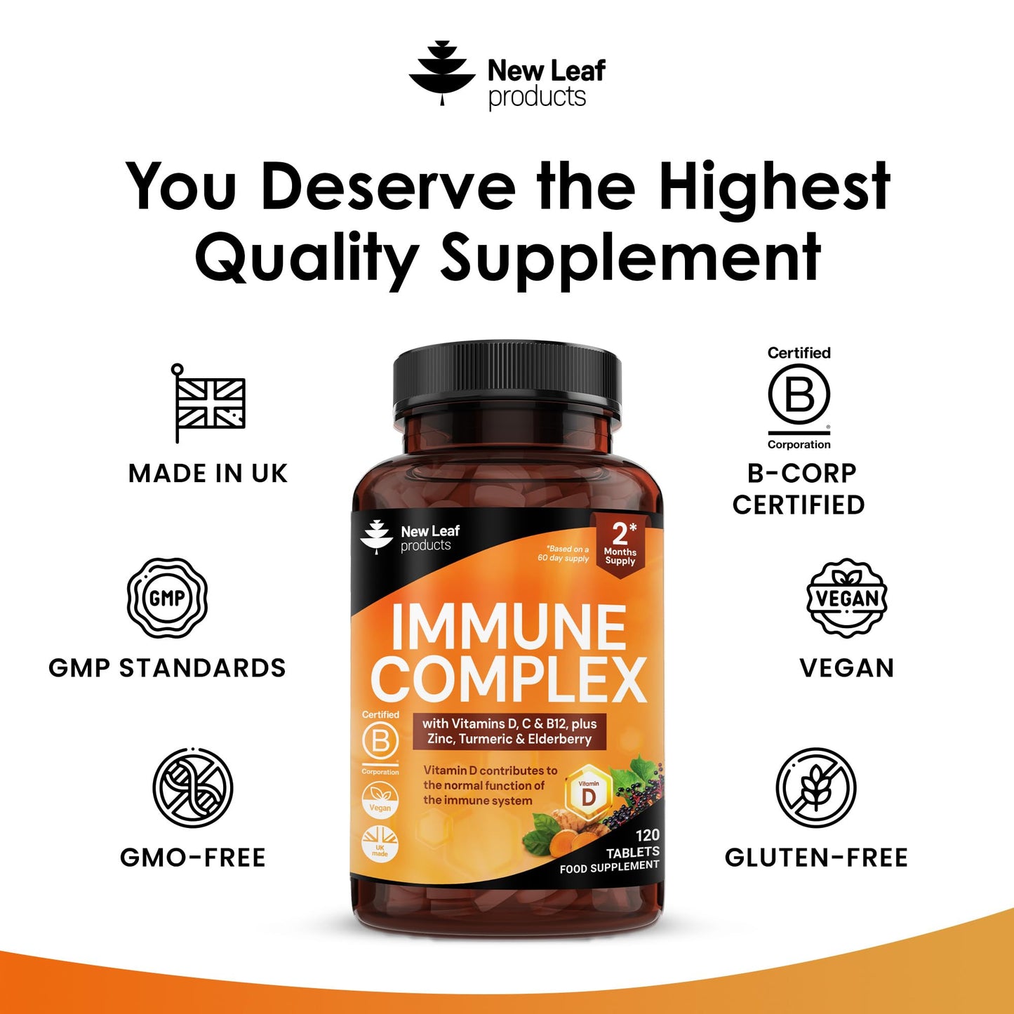 NEW LEAF PRODUCTS Vitamin D3 Immune Booster Complex - with Vitamins D,C, B12, Zinc, Turmeric & Elderberry - Immune Support - Made in the UK - Immunity Booster by New Leaf 120 Tablets