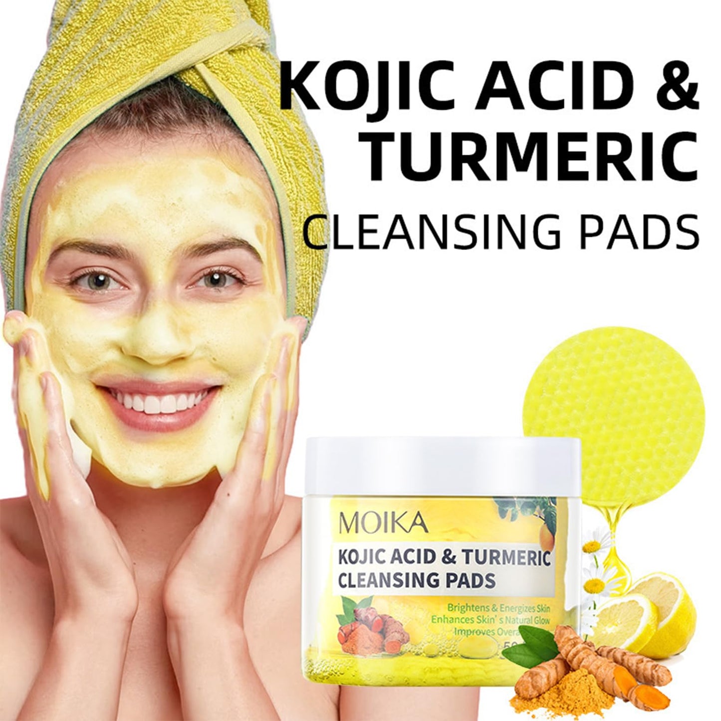 L0famy 50Pcs Turmeric Kojic Acid Pads, Exfoliating Face Cleansing Cotton Pads, Kojic Acid and Turmeric Pads, for Face, Body, Acne, Dark Spots, Hyperpigmentation, Smooth Skin