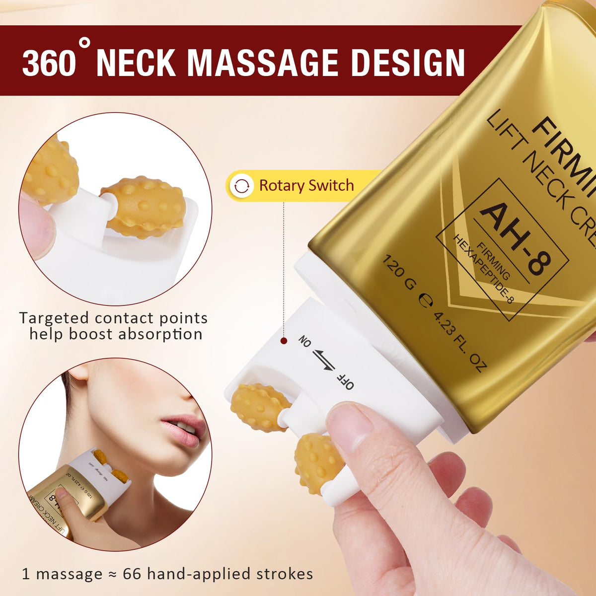 HXTMKT Neck Firming Cream, AH-8 Firming Neck Cream with Roller 120g, Tighten and Lift Neck Cream with Double Roller Massage, Reduces Wrinkles Fine Lines Double Chin, Moisturizes Skin