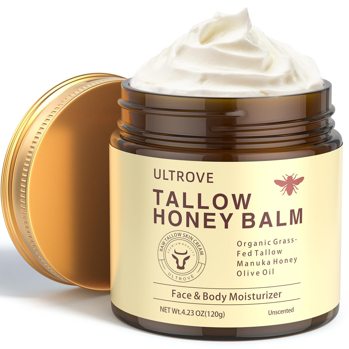 Ultrove ULTROVE Beef Tallow and Honey Balm for Skin, Natural Face + Body Moisturizer with Organic Grass-Fed Beef Tallow & Raw Wild Honey for Dry & Sensitive Skin, 4.23oz