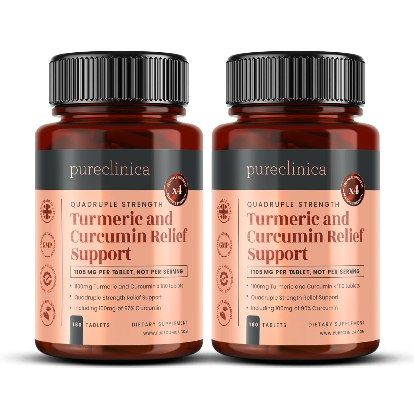 Pureclinica Turmeric Curcumin - 1100mg x 360 Tablets (2 Bottles of 180) - w/ 95% Curcumin and 5mg Black Pepper Extract