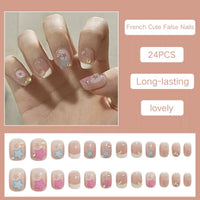 Maggidea French Cute False Nails Extra Short Kids Stick on Nails with Mermaid Bubble Beads 24pcs Square Press On Nails with Glue Sweet Colour Design Funny Fake Nails for Women (Sweet Heart)