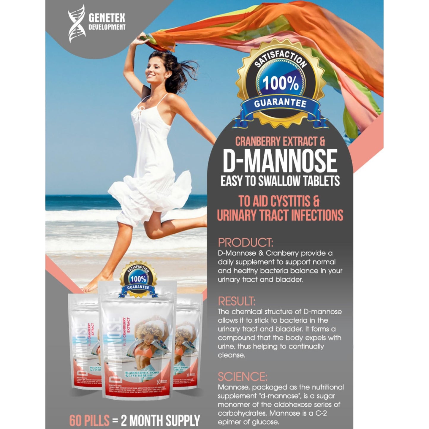MoovWell D-Mannose & Cranberry 1000mg Tablets – UTI & Bladder Support, Cystitis Relief, Natural Urinary Tract Health Supplement for Women & Men – 60 Tablets (2 Month Supply) – Made in The UK, Vegan Friendly