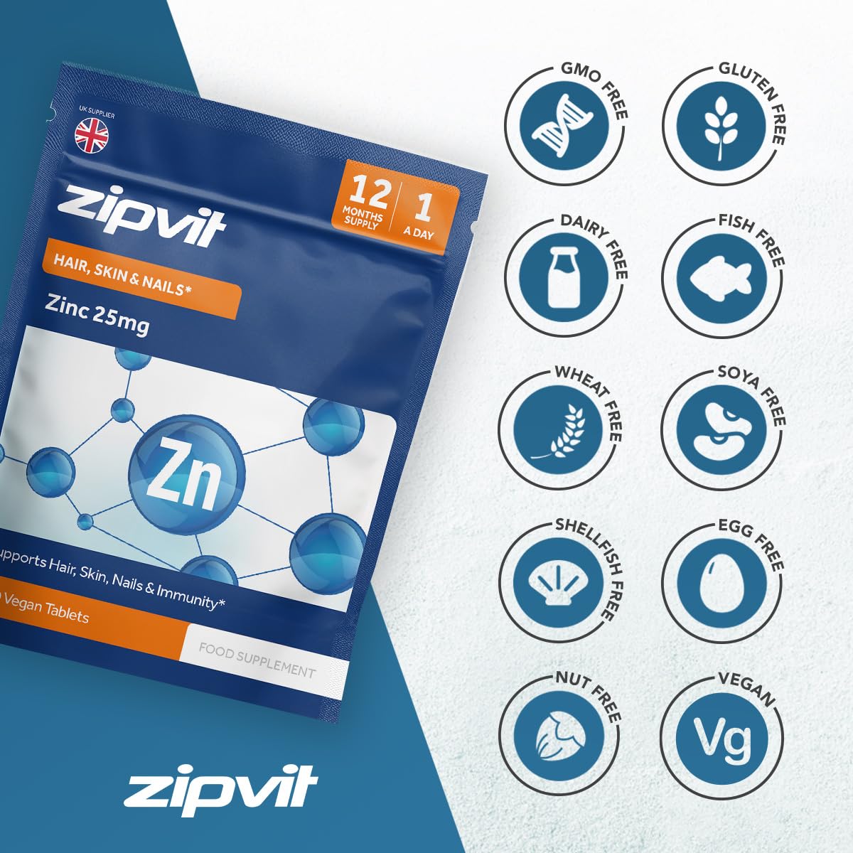 Zipvit Zinc 25mg Pouch, 12 Months Supply, Recommended Dose Zinc Supplement, Supports Hair, Skin, Nails, Bones & Vision, Promotes Immunity, Fertility & Reproduction for Men & Women, 360 Vegan Tablets