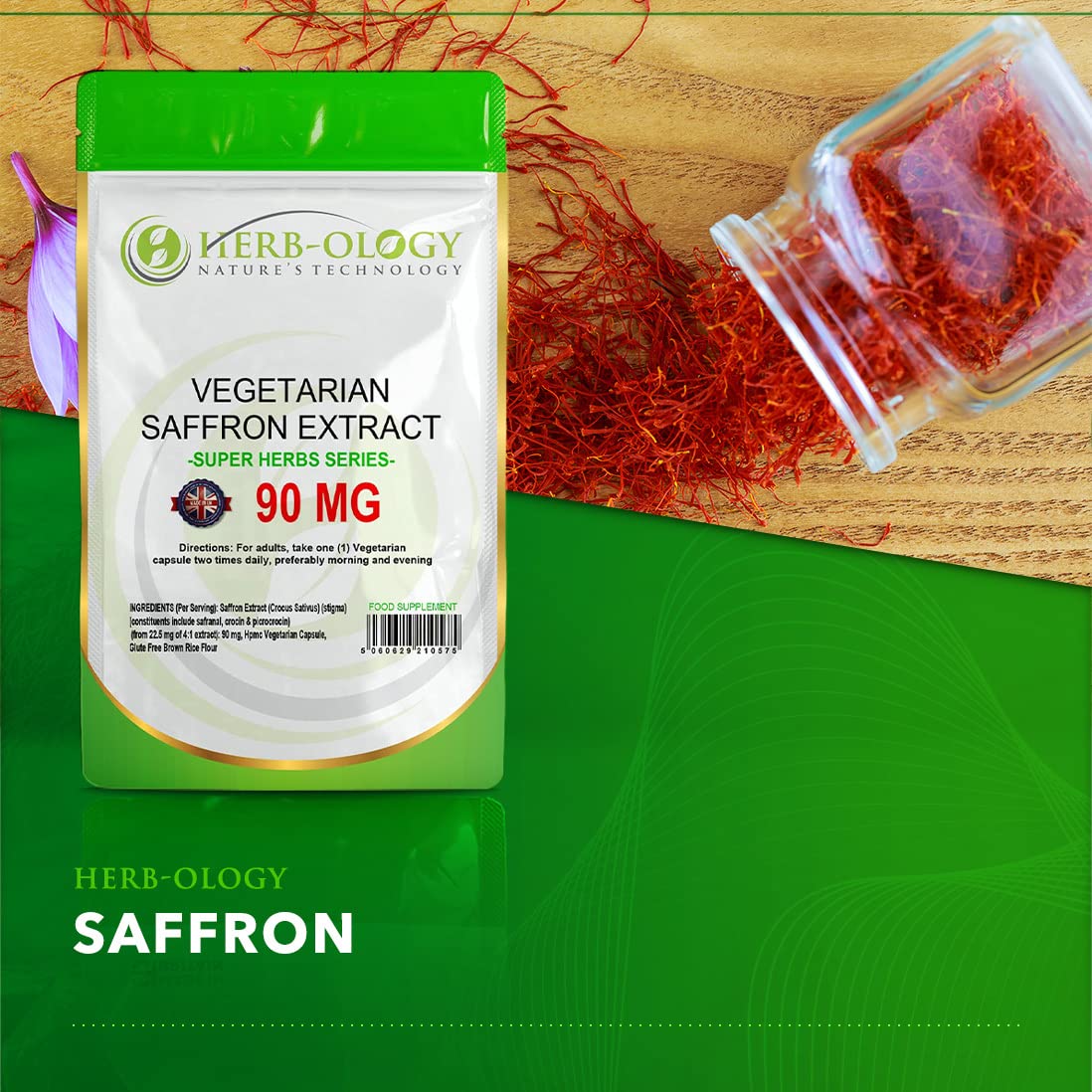 Herb-ology.co.uk Nature's Technology Herb-Ology Saffron Supplement | 60 Saffron Capsules (from 4:1 Extract) - 90mg Per Serving | High Strength | Non-GMO, Gluten, Dairy & Allergen Free | Manufactured in The UK