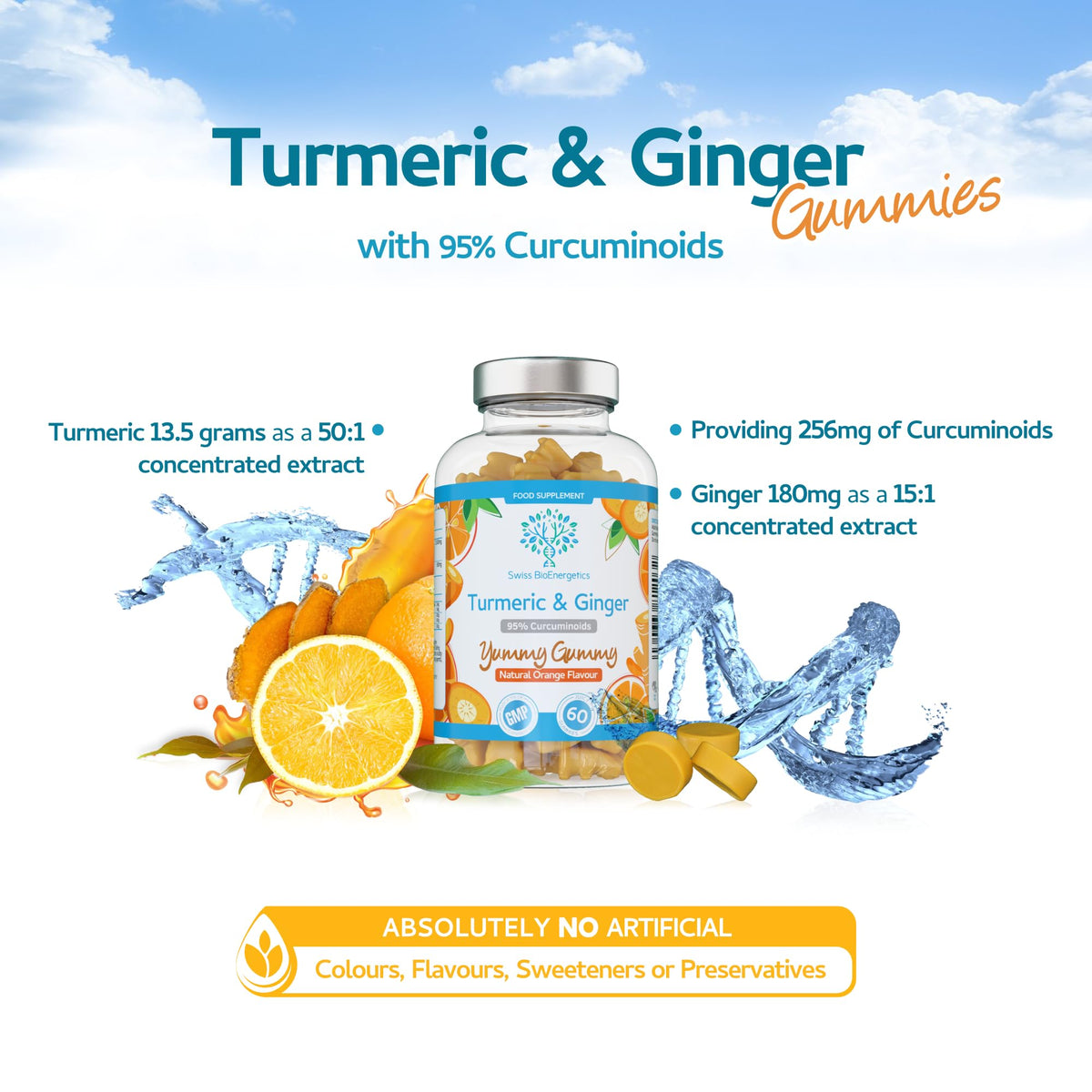 swiss bioenergetics Turmeric Curcumin Gummies with Ginger - 60 Natural Orange Flavour Juicy Yummy Gummies – with a Huge 95% curcuminoids, Vegan & Gelatin Free – 30 Day Supply for Men, Women & Children – Made in the UK