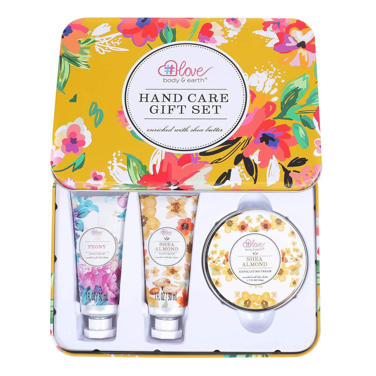 BODY & EARTH # LOVE Hand Cream Gift Set for Women - Hand Lotion with Shea Butter, Skin Care Gift Box Includes 2 Hand Cream & Exfoliating Cream, Birthday Gifts for Her