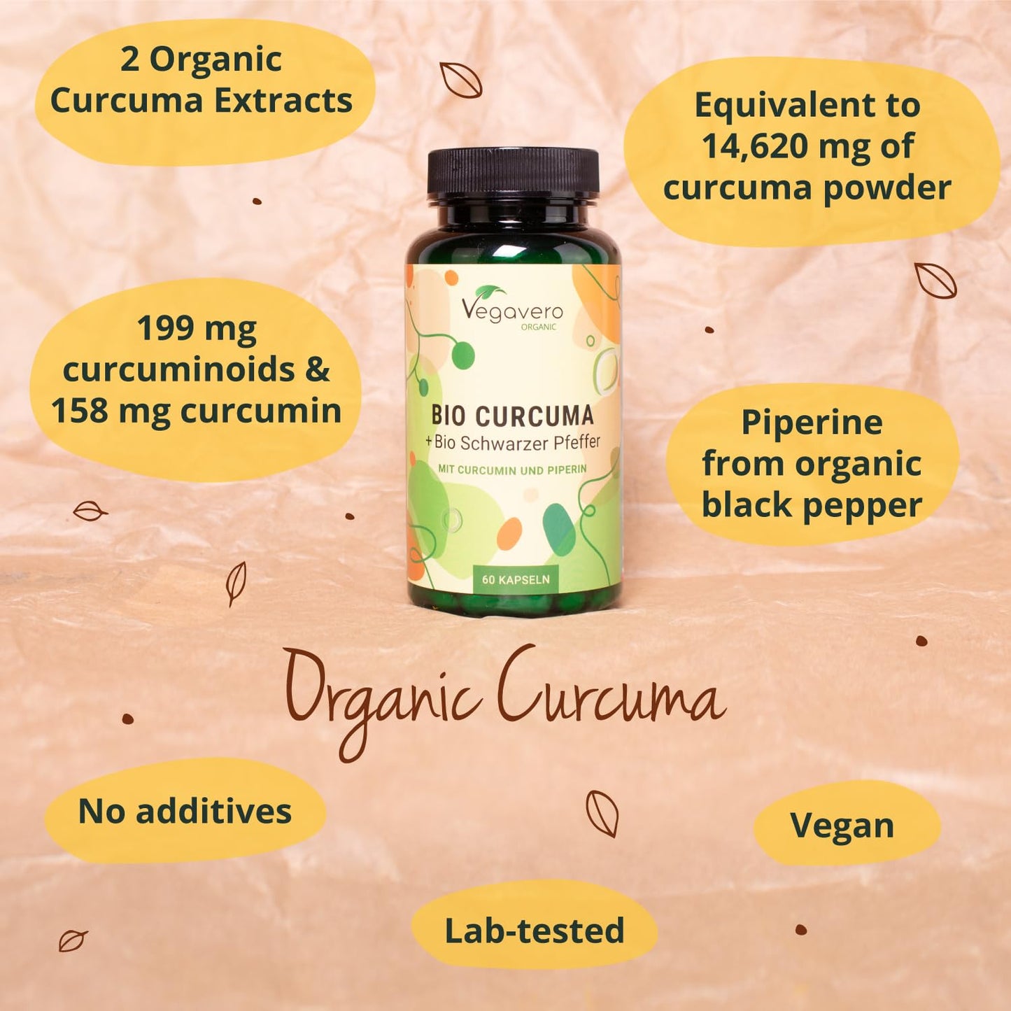 Vegavero Organic Turmeric 14620mg | Curcumin 158mg | Curcuma with Black Pepper | Piperine + Curcuminoids | NO Additives | Vegan