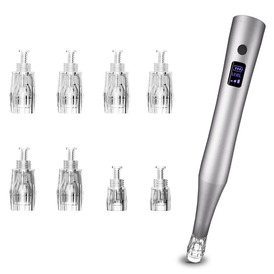 Xahpower Microneedling Pen, Dermapen with 8 Replacement Cartridges, Type-C Rechargeable, 3-Speeds Wireless Beauty Pen for Skin Care