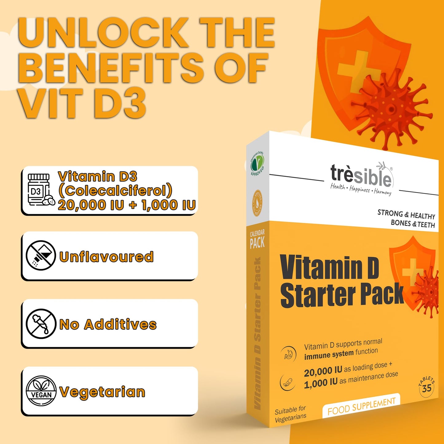 Tresible Vitamin D Tablets (5 Weeks Supply) - High Strength Vitamin D3 20000 IU Tablets to Support Immune System, Teeth, Bones, and Muscles - 35 Count Vitamin D 1000IU Tablet for Children and Adults